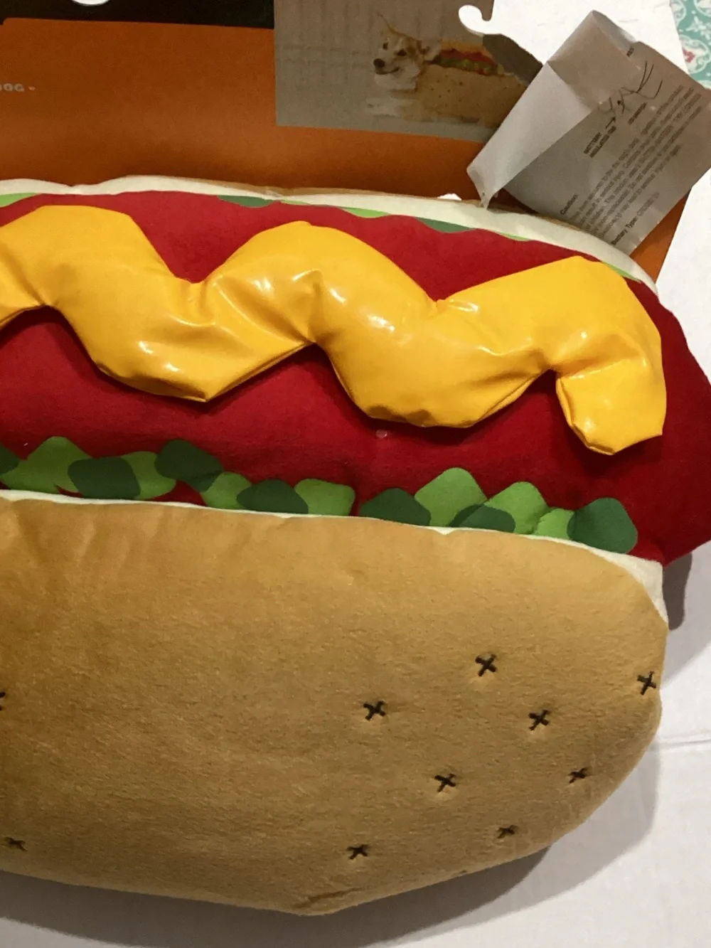 Hyde & Eek! Plush Hot Dog Holiday Pillow in Red, Yellow, Green, Tan